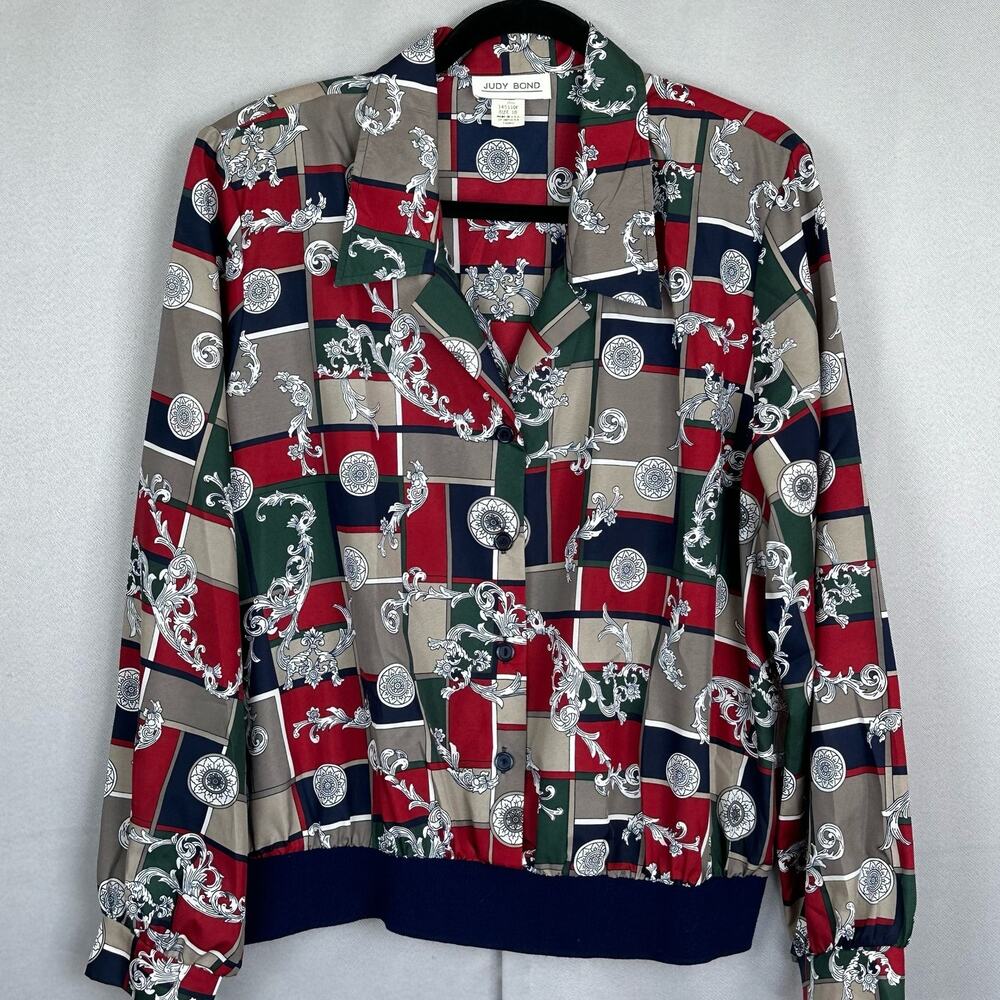 VTG 80s Judy Bond Silky Navy & Green Faux Button Front Banded Top USA Womens 18